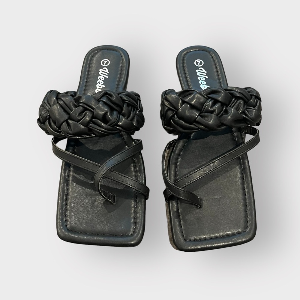 Weeboo Black Puffy Braided Strappy Square Toe Sandals